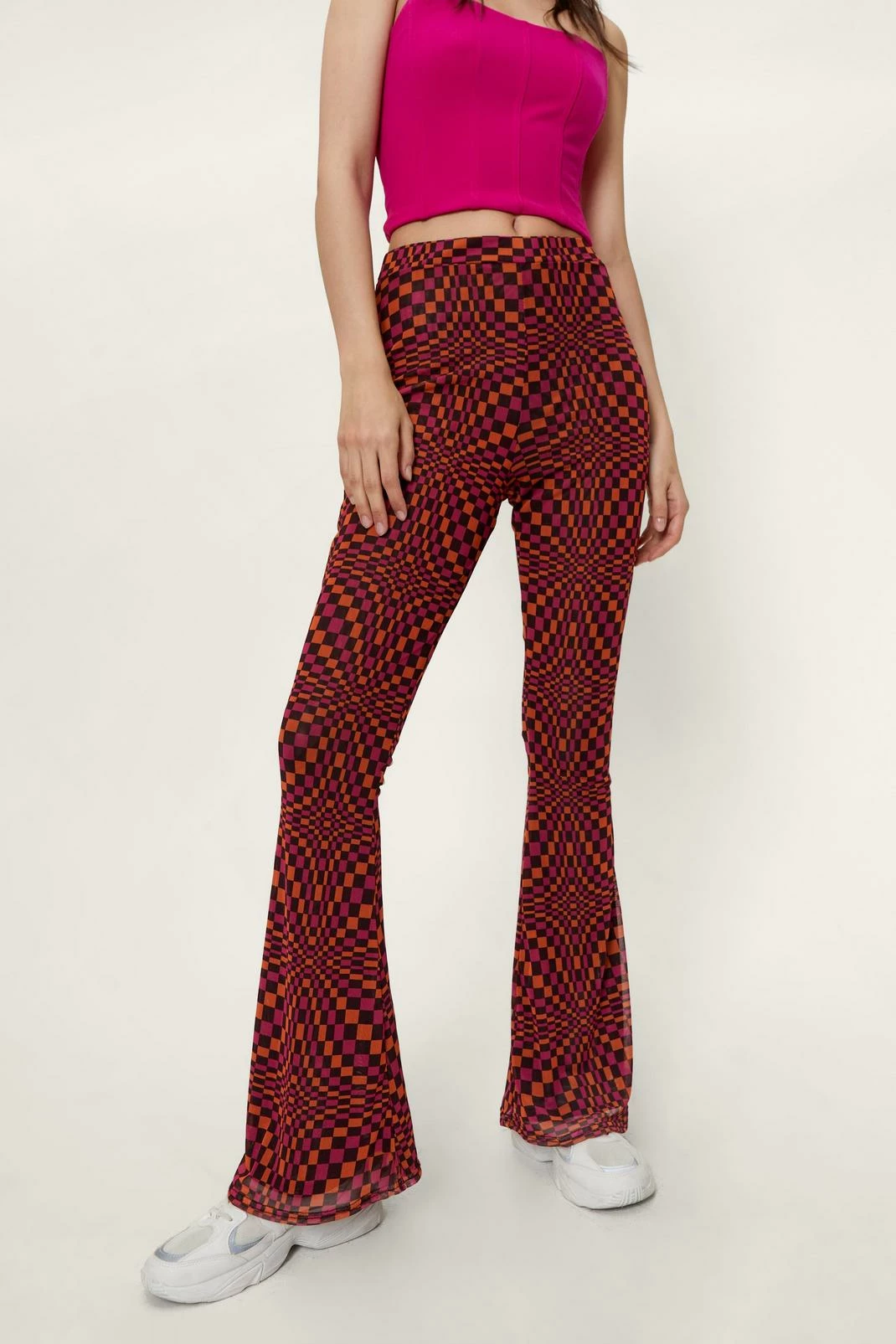 Abstract Check Print Mesh Flared Pants 4 Abstract Check Print Mesh Flared Pants - Image 4