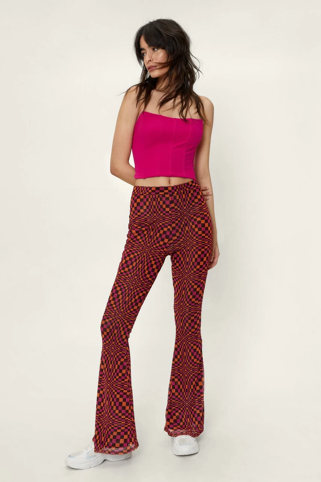 Abstract Check Print Mesh Flared Pants 1 Abstract Check Print Mesh Flared Pants