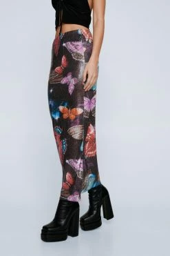 Butterfly Printed Sequin Maxi Skirt