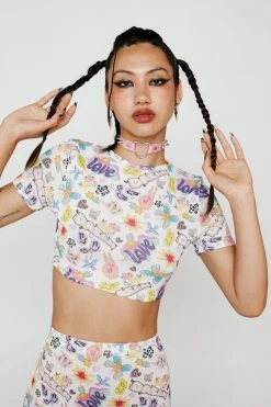 Cartoon Doodle Crepe Mesh Crop Top
