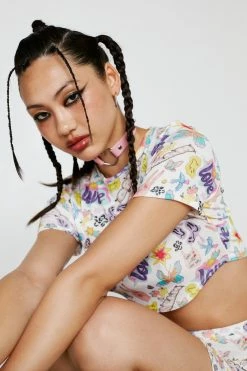 Cartoon Doodle Crepe Mesh Crop Top 7 Cartoon Doodle Crepe Mesh Crop Top -Nasty Gal Sales Store Sales womens multi cartoon doodle crepe mesh crop top 3