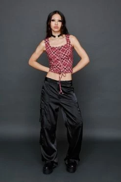 Check Print Lace Up Corset Top