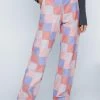 Checkerboard Print Real Leather Pants