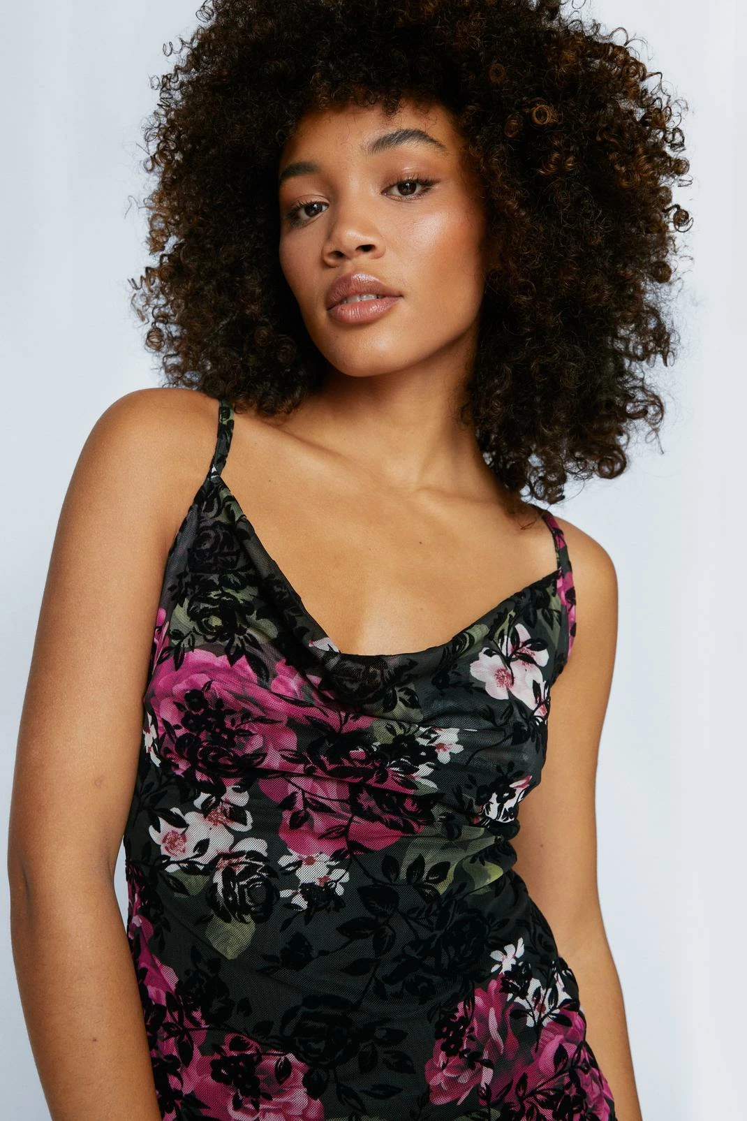 Flocked Mesh Cowl Neck Dress 1 Flocked Mesh Cowl Neck Dress