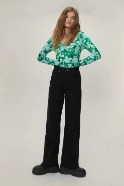 Floral Square Neck Fitted Long Sleeve Top