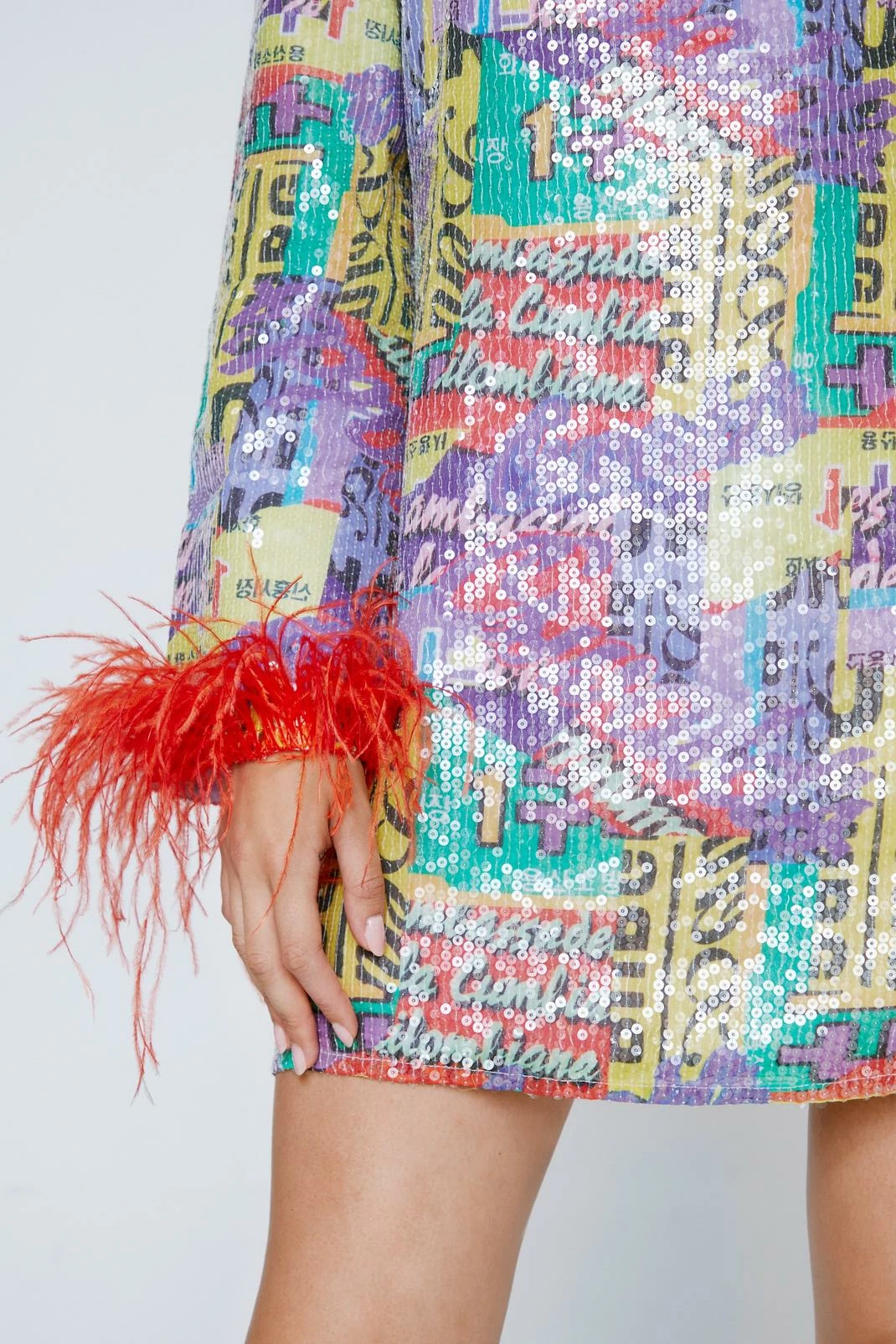Graphic Print Sequin Feather Trim Mini Dress 2 Graphic Print Sequin Feather Trim Mini Dress - Image 2