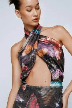 Petite Printed Butterfly Sequin Halter Neck Midi Dress