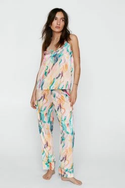 Petite Satin Marble Cami And Pants Pajama Set