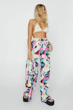 Plisse Abstract Print High Waisted Pants