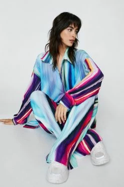 Plisse Stripe Print Wide Leg Pants