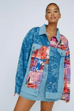 Plus Size Jazz Print Denim Oversized Jacket -Nasty Gal Sales Store Sales womens multi plus size jazz print denim oversized jacket 3