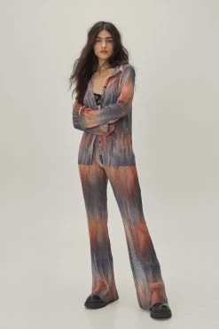 Rainbow Metallic Plisse Flare High Waist Pants