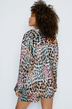 Recycled Satin Ombre Leopard Print Oversized Pj Short Set -Nasty Gal Sales Store Sales womens multi recycled satin ombre leopard print oversized pj short set 1