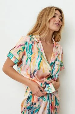 Satin Marble Print Shirt And Pants Pajama Set