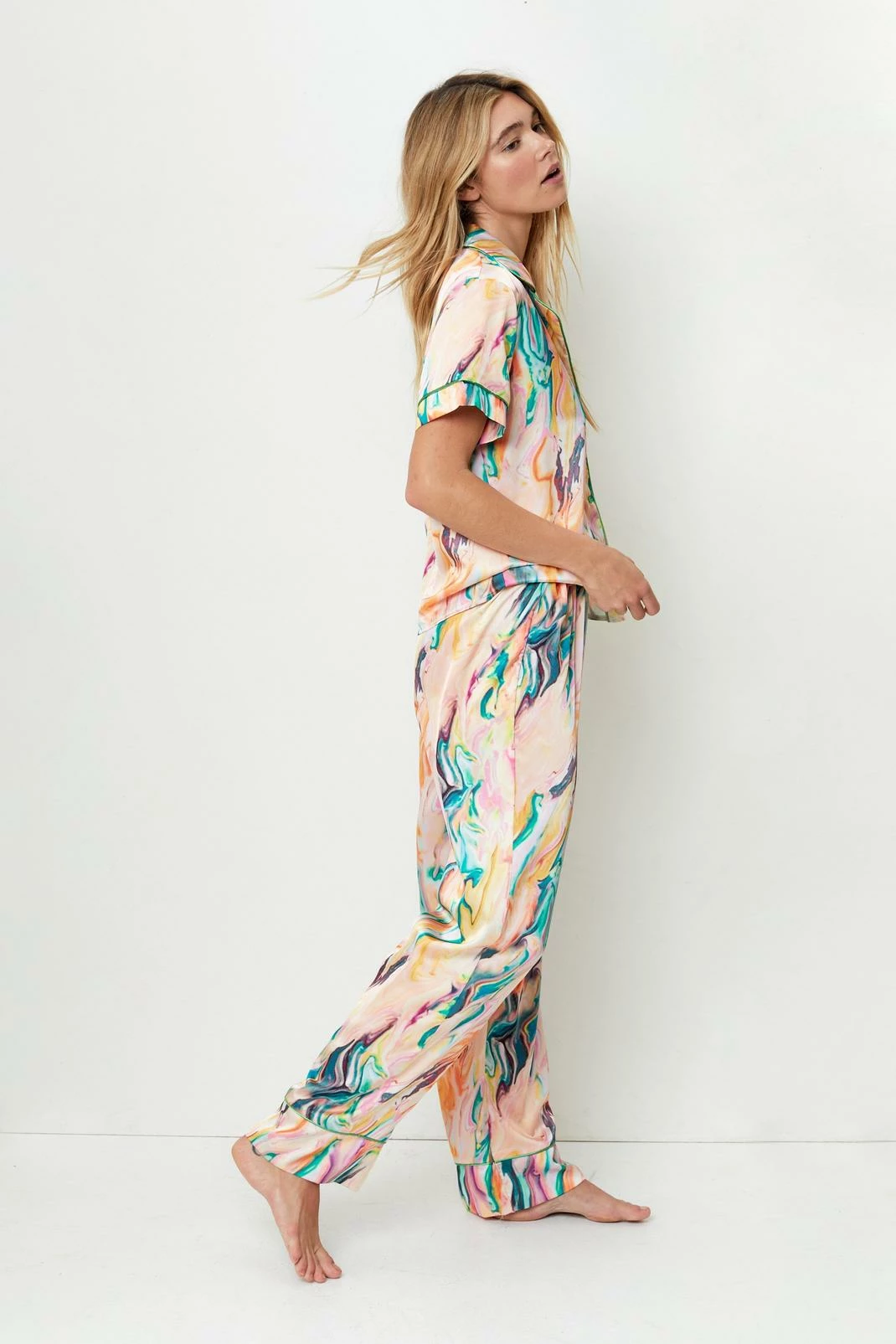 Satin Marble Print Shirt And Pants Pajama Set 2 Satin Marble Print Shirt And Pants Pajama Set - Image 2