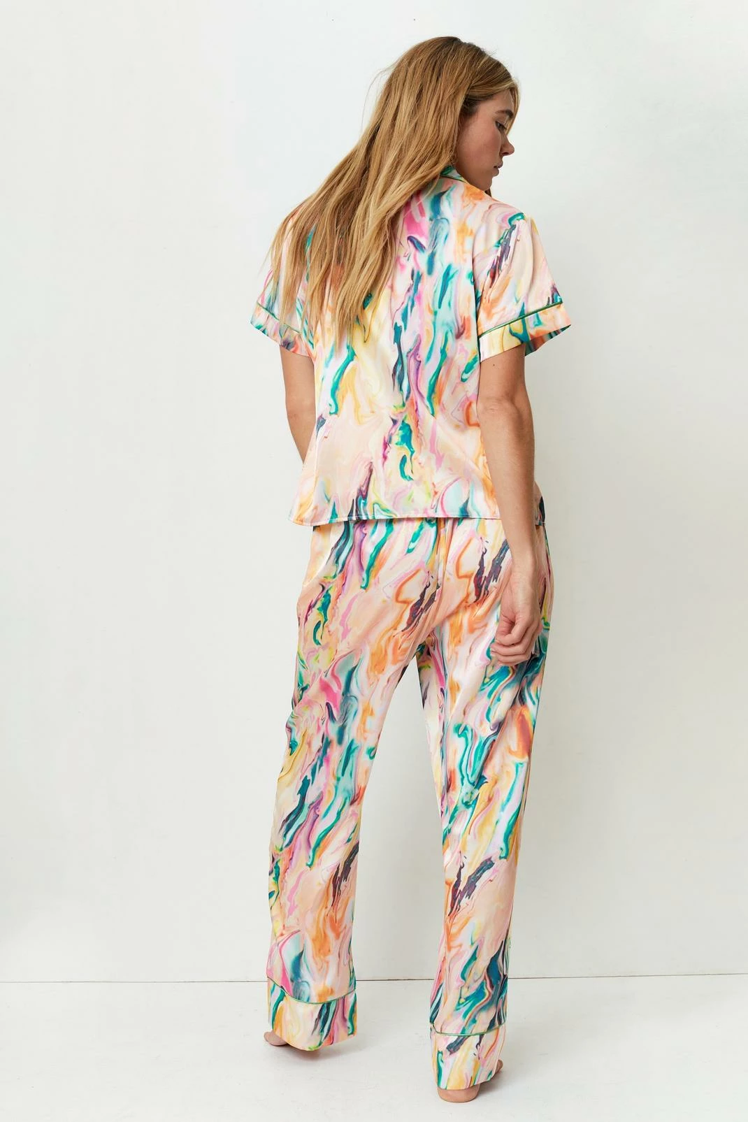 Satin Marble Print Shirt And Pants Pajama Set 3 Satin Marble Print Shirt And Pants Pajama Set - Image 3