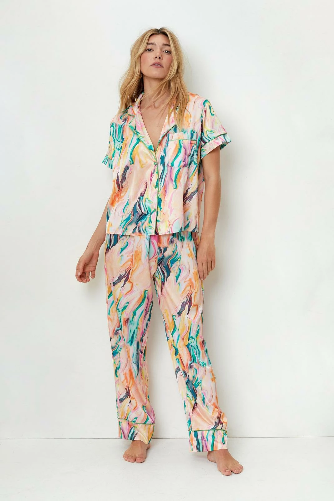 Satin Marble Print Shirt And Pants Pajama Set 4 Satin Marble Print Shirt And Pants Pajama Set - Image 4