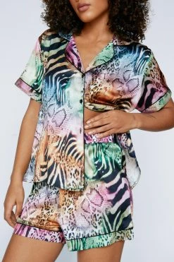 Satin Mixed Animal Print Short Sleeve Pj Short Set 6 Satin Mixed Animal Print Short Sleeve Pj Short Set -Nasty Gal Sales Store Sales womens multi satin mixed animal print short sleeve pj short set 2