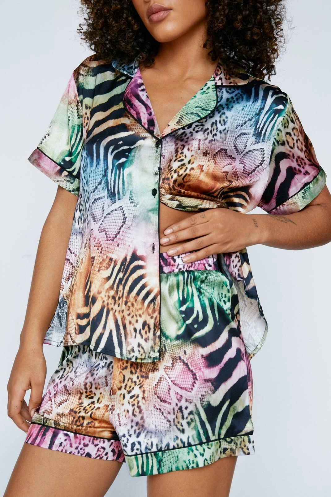 Satin Mixed Animal Print Short Sleeve Pj Short Set 3 Satin Mixed Animal Print Short Sleeve Pj Short Set - Image 3