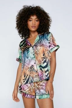 Satin Mixed Animal Print Short Sleeve Pj Short Set