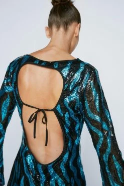 Alternative view of Zebra Sequin Flare Sleeve Backless Mini Dress