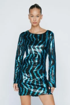 Zebra Sequin Flare Sleeve Backless Mini Dress