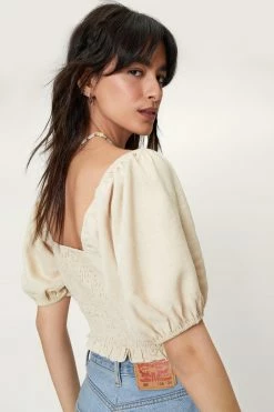 Linen Square Neck Shirred Detail Crop Top -Nasty Gal Sales Store Sales womens natural linen square neck shirred detail crop top 2