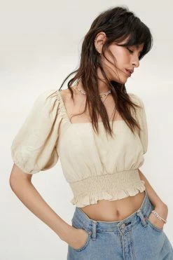 Linen Square Neck Shirred Detail Crop Top -Nasty Gal Sales Store Sales womens natural linen square neck shirred detail crop top 3