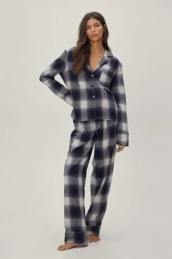 Brushed Check Button Down Shirt And Pajama Set 7 Brushed Check Button Down Shirt And Pajama Set -Nasty Gal Sales Store Sales womens navy brushed check button down shirt and pajama set 3