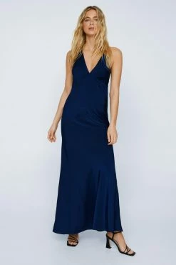Satin Tie Shoulder Bias Maxi Dress