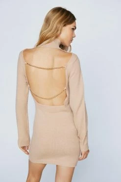 High Neck Knitted Chain Back Mini Dress -Nasty Gal Sales Store Sales womens neutral high neck knitted chain back mini dress 3