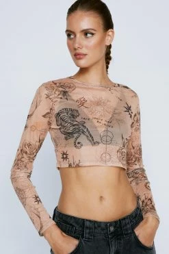 Tattoo Print Mesh Top -Nasty Gal Sales Store Sales womens nude tattoo print mesh top 3
