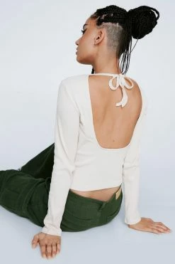 Long Sleeve Backless Tie Up Top -Nasty Gal Sales Store Sales womens oatmeal long sleeve backless tie up top 1