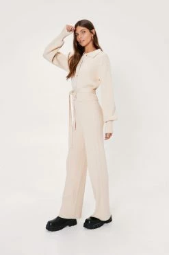 Ribbed Knitted Belted Cardigan And Pants Set