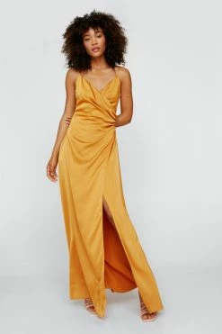 Satin V Neck Wrap Maxi Dress