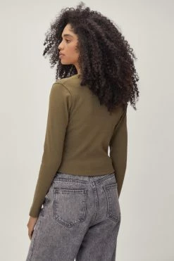 Notch Neck Ribbed Long Sleeve Top -Nasty Gal Sales Store Sales womens olive notch neck ribbed long sleeve top 2