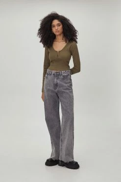 Notch Neck Ribbed Long Sleeve Top