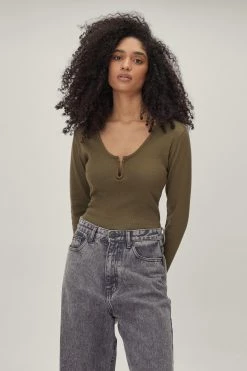 Notch Neck Ribbed Long Sleeve Top -Nasty Gal Sales Store Sales womens olive notch neck ribbed long sleeve top 3