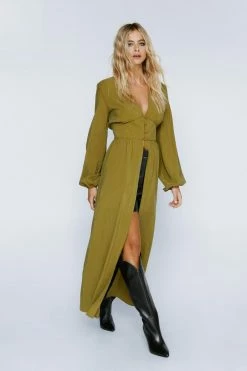 Premium Button Down Maxi Top -Nasty Gal Sales Store Sales womens olive premium button down maxi top 3