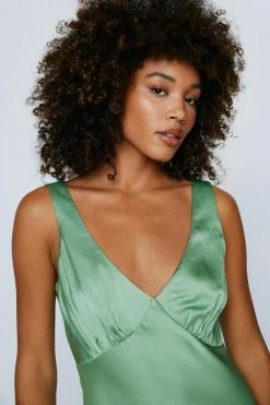 Satin V-Neck Ruched Mini Dress 26 Satin V-Neck Ruched Mini Dress -Nasty Gal Sales Store Sales womens olive satin v neck ruched mini dress 1