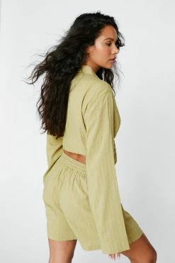 Textured Cotton Tie Waist Cover Up Shorts -Nasty Gal Sales Store Sales womens olive textured cotton tie waist cover up shorts 1