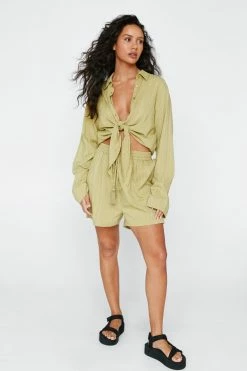 Textured Cotton Tie Waist Cover Up Shorts -Nasty Gal Sales Store Sales womens olive textured cotton tie waist cover up shorts