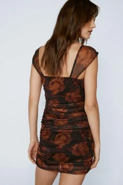 Floral Print Mesh Ruched Mini Dress 6 Floral Print Mesh Ruched Mini Dress -Nasty Gal Sales Store Sales womens orange floral print mesh ruched mini dress 2