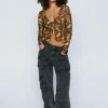 Floral Print Tie Front Long Sleeve Top