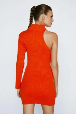 Knitted High Neck One Sleeve Mini Dress -Nasty Gal Sales Store Sales womens orange knitted high neck one sleeve mini dress 2