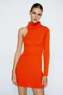 Knitted High Neck One Sleeve Mini Dress -Nasty Gal Sales Store Sales womens orange knitted high neck one sleeve mini dress 3