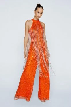 Petite Beaded Tassel Wide Leg Jumpsuit -Nasty Gal Sales Store Sales womens orange petite beaded tassel wide leg jumpsuit 3