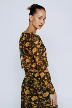 Petite Floral Print Tie Front Long Sleeve Top -Nasty Gal Sales Store Sales womens orange petite floral print tie front long sleeve top 2