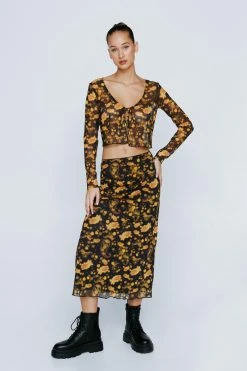 Petite Floral Print Tie Front Long Sleeve Top