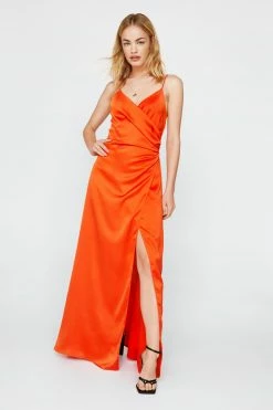 Satin V Neck Wrap Maxi Dress -Nasty Gal Sales Store Sales womens orange satin v neck slit maxi dress 9